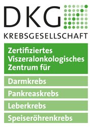 Grafik zeigt Logo der DKG Krebsgesellschaft (Zertifiziertes Viszeralonkolisches Zentrum für Darmkrebs, Pankreaskrebs, Leberkrebs, Speiseröhrenkrebs)